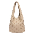 Beige Hobo bag with 3D floral rivet patterns and grainy leather texture crossbody - Khaki
