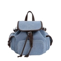 Rucksack aus Denim-Canvas mit braunem Lederbesatz und Retro-Kordelzug auf weißem Grund - Blau