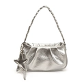 Silver metallic oil wax leather ruched cloud bag with star charm and woven shoulder strap - With Pendant / Silver