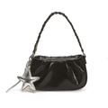 Glossy black pleated cloud bag with woven handle and metallic star charm accessory - With Pendant / Black