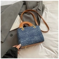Chic blue polka dot denim handbag with brown leather accents and gold-tone hardware - Royal Blue without Pendant