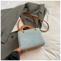 Light blue denim square handbag with rhinestones and brown faux leather trim details - Sky Blue without Pendant