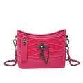 Rose red shoulder bag with crocodile texture, metal cross and skull chain charms - Pink