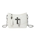 White quilted shoulder bag with gothic cross, metal chains, and skull zipper charm - White