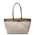 Retro-Canvas-Tote-Bag in Creme mit braunem Ledergürtel-Schnallendetail und Schultergurt - Weiß und Braun