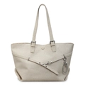 Large beige woven tote bag with adjustable straps and decorative silver bead chain detail - No Pendant / Off White