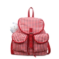 Mochila de lona a cuadros rojos y blancos con bolsillos y amuleto de peluche - Burdeos