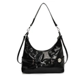 Borsa tote nera lucida minimalista con fibbia in pelle e distintivo metallico - Nero