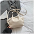 Minimalist cream white dumpling tote bag in pleated faux leather with dual round handles - White Without Pendant