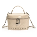 Beige quilted patent leather mini box bag with metal chain strap and heart charm - Khaki