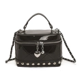 Quilted black patent leather bucket bag with silver studs and chain strap - Black