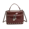 Deep red quilted patent leather box bag with silver heart charm and chain strap - Red