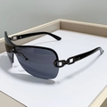 Chic Y2K shield sunglasses with smoke grey lenses and black chain design temples - Black Frame Grey Lens