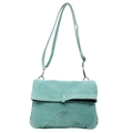 Lichtblauwe denim crossbodytas met V-vormig stiksel en verstelbare riem op witte achtergrond - Groen