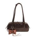 Dark brown glossy synthetic leather shoulder bag with a bow charm and double zipper - No Pendant / Brown