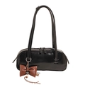 Minimalist black glossy leather shoulder bag with chic brown bow pendant decoration - No Pendant / Black