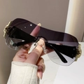 Y2K rimless shield sunglasses with gradient purple lenses and rhinestone gold accents - Black Frame Gradient Grey Lens