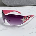 Gafas de sol Y2K sin montura rosa con lentes degradadas violetas y detalles de estrellas - Patillas Rosas Lentes Dobles Grises