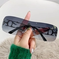 Frameless square Y2K sunglasses with dark grey gradient lenses and flame hollow temples - Silver Frame / Gradient Grey-Blue Lens