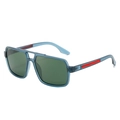 Blue matte square frame aviator sunglasses with polarized lenses and red temple accents - Blue Frame Dark Green Lens