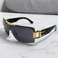 Y2K style square semi-rimless sunglasses with dark gray lenses and gold accents - Black Frame Grey Lens