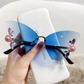 Fashion rimless butterfly sunglasses with blue gradient lenses and rhinestone floral accents - Gold Frame Gradient Blue