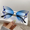 Frameless butterfly-shaped sunglasses with gradient blue lenses and sparkling rhinestones - Gold Frame Gradient Blue Lens