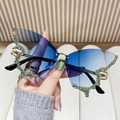 Handheld butterfly sunglasses with gradient blue lenses and rhinestone embellishments - Gradient Blue
