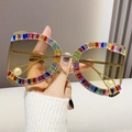 Fashionable D-frame sunglasses with colorful rhinestones and white pearl accents - Gold Frame Green Yellow Lens