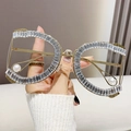 Oversized gold metal D-frame glasses with rectangular rhinestones and pearl ear tips - Gold Frame Clear Lens