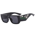 Retro square oversized black sunglasses with green checkered pattern chunky temples - Black Frame Grey Lens