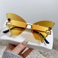 Frameless butterfly sunglasses with yellow gradient lenses and sparkling rhinestones - Gold Frame Brown Yellow Lens