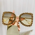 Luxury oversized rhinestone sunglasses with gold metal frame and pearl temple accents - Gold Frame Green Yellow Lens
