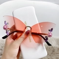 Frameless butterfly sunglasses with pink gradient lenses and rhinestone floral accents - Gold Frame Gradient Pink