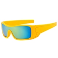 Bright yellow square frame sports sunglasses with blue-green mirrored wraparound lens - Yellow Frame Gold Mirror Lens