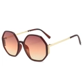 Fashionable hexagonal sunglasses with red-orange gradient lenses and gold metal temples - Dark Tea Frame Orange Tea Lens
