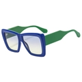 Retro oversized square sunglasses with blue frames and green temples on white background - Blue Frame Blue Yellow Lens