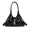 Glossy black vintage trapezoid handbag with gold square clasp and thin shoulder straps - Black