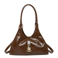 Dark brown oil wax leather shoulder bag with vintage gold buckle and slim handle - Brown