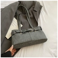 Minimalist grey tweed bucket bag with silver metal buckle and dual handle design - Black without Pendant