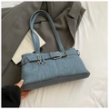Vintage denim bucket bag in blue with buckle hardware and dual shoulder straps - Dark Blue Without Pendant