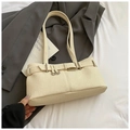 Chic beige bucket bag in pebbled leather with buckle detail and silver hardware - Rice White (No Pendant)