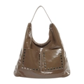 Brown faux leather tote bag featuring glossy finish and silver stud pocket details - Brown