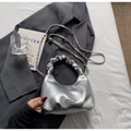 Silver metallic pleated cloud bag with scrunchie handle and silver chain strap - Silver Without Pendant