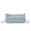 Borsa a cilindro in denim azzurro con borchie argento, paillettes e catena sottile - Azzurro