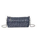 Borsa a cilindro in denim da donna con borchie argento e tracolla a catena in metallo - Blu scuro