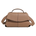 Brown lychee-textured leather handbag with distinctive pleats and white stitching detail - Khaki