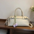 Creamy white lychee grain leather Boston handbag with a purple tulip velvet charm - With Charm / Off White