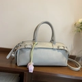 Elegant light gray lychee grain leather Boston bag with tulip charm and silver hardware - With Charm / Gray