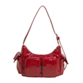 Red patent leather shoulder bag with multiple pockets and adjustable strap - Red